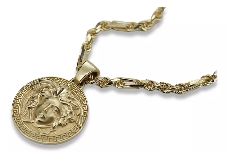 Chaîne en or 14 carats style médaille grecque Versace & Corda Figaro cpn049y&cc082y