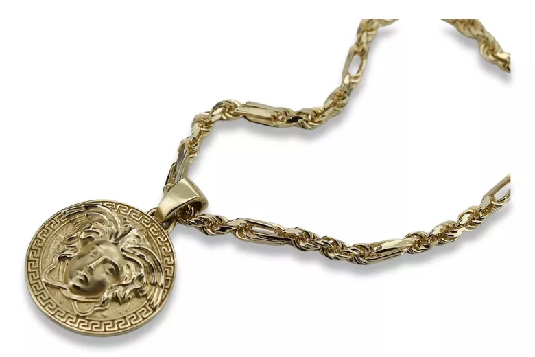 Collar de oro de 14k estilo griego con medallón Versace y cadena Figaro de Corda cpn049y&cc082y