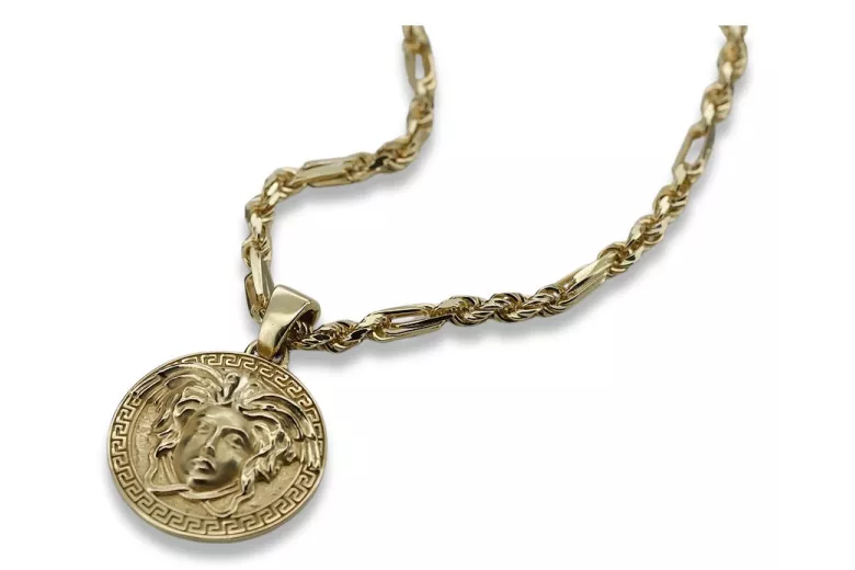 Chaîne en or 14 carats style médaille grecque Versace & Corda Figaro cpn049y&cc082y