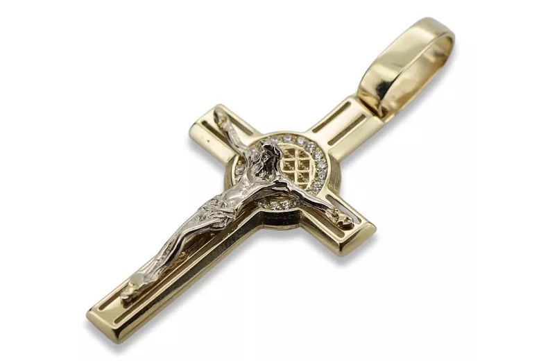 Eleganter 14K Gelb- & Weißgold Katholischer Jesus Kreuz Anhänger ctc027yw ctc027yw