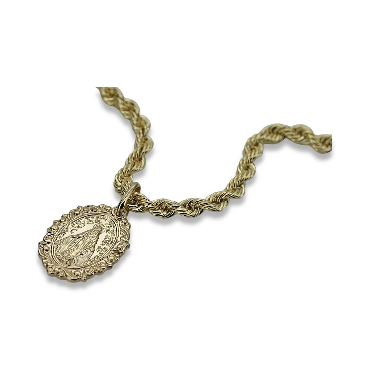 Gold 14k 585 Mutter Gottes Jungfrau Maria Medaillon Anhänger & Kette Corda pm005y&cc019y