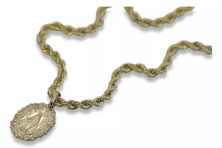 Colgante de Medalla Virgen María Madre de Dios en Oro 14k con Cadena Corda pm005y&cc019y