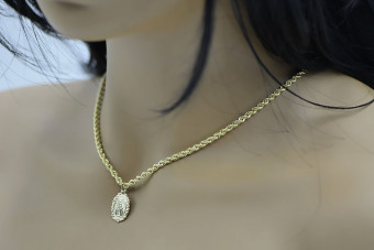 Żłobiony 14k 585 Matka Boska Dziewica Maryja medalion wisiorek na łańcuszku Corda pm005y&cc019y