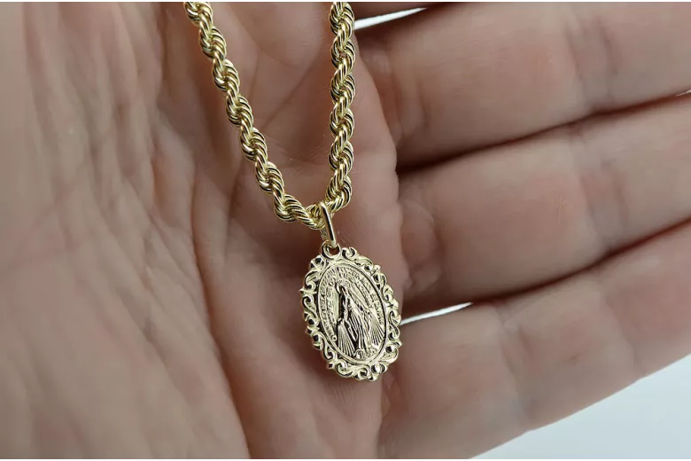 Gold 14k 585 Mutter Gottes Jungfrau Maria Medaillon Anhänger & Kette Corda pm005y&cc019y