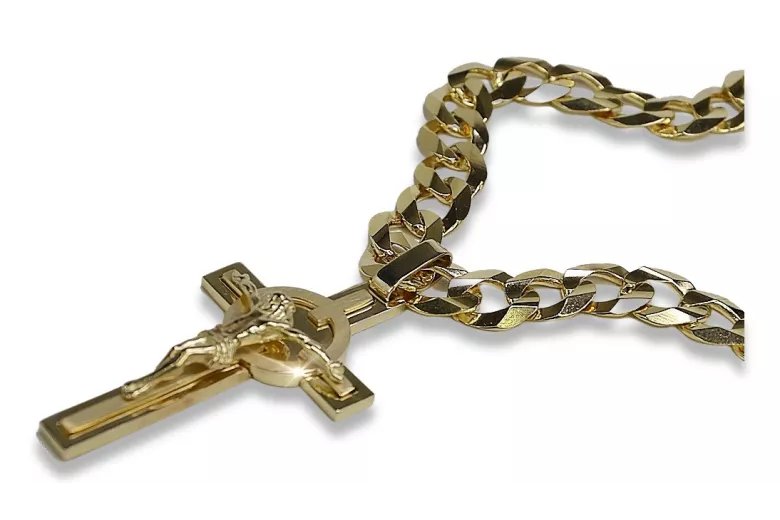 Italian Yellow 14k Gold Catholic Cross & Gourmette Set 