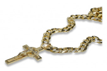 Italian Yellow 14k Gold Catholic Cross & Gourmette Set 