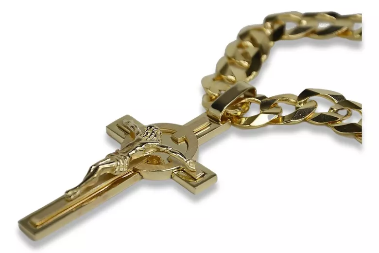 Italian Yellow 14k Gold Catholic Cross & Gourmette Set 