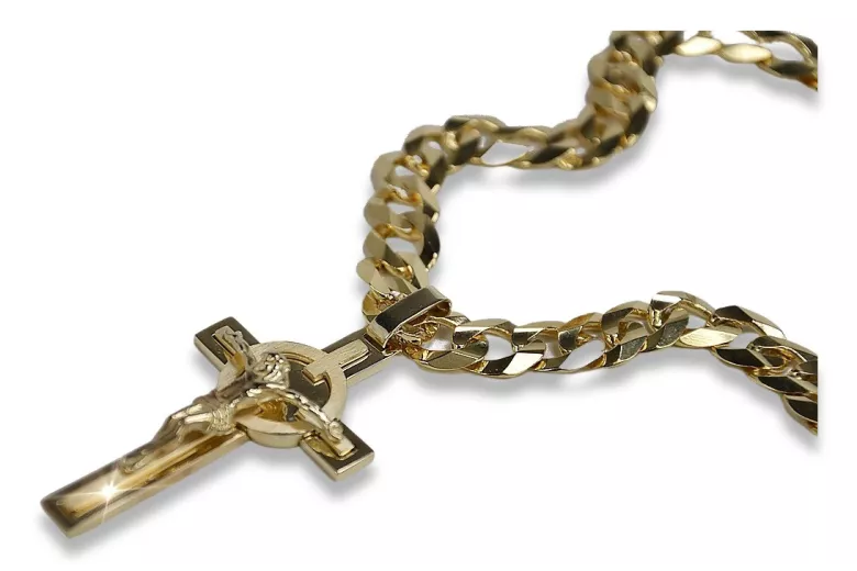 Italian Yellow 14k Gold Catholic Cross & Gourmette Set 