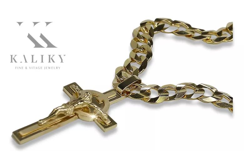 Italian Yellow 14k Gold Catholic Cross & Gourmette Set 