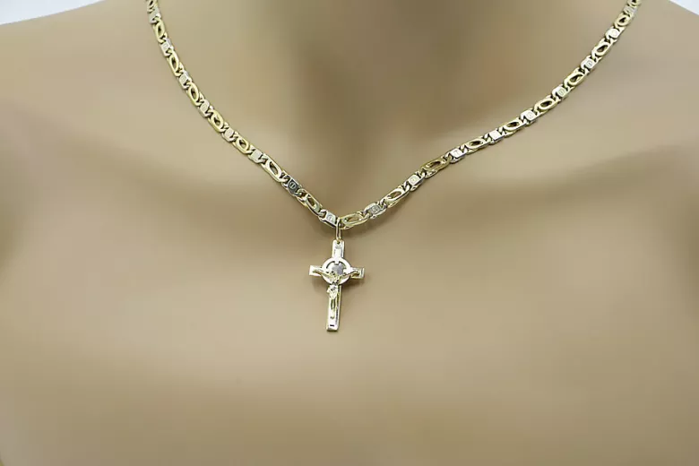 Croix catholique en or jaune et blanc 14 carats italien 