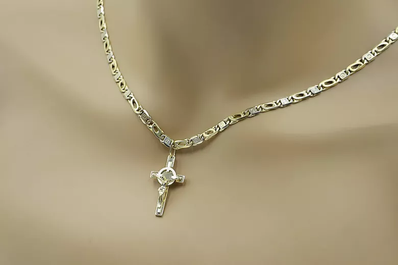 Italienisches Gelb Weiß 14k Gold Katholische Kreuz & Armband 