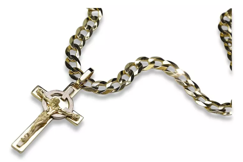 Croix catholique en or jaune 14 carats et chaîne gourmette - Ensemble divin ctc010yw&cc001y