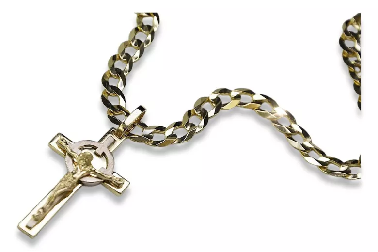 Włoski żółty złoty krzyż katolicki 14k z łańcuszkiem gourmette ctc010yw&cc001y