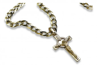 Croix catholique en or jaune 14 carats et chaîne gourmette - Ensemble divin ctc010yw&cc001y