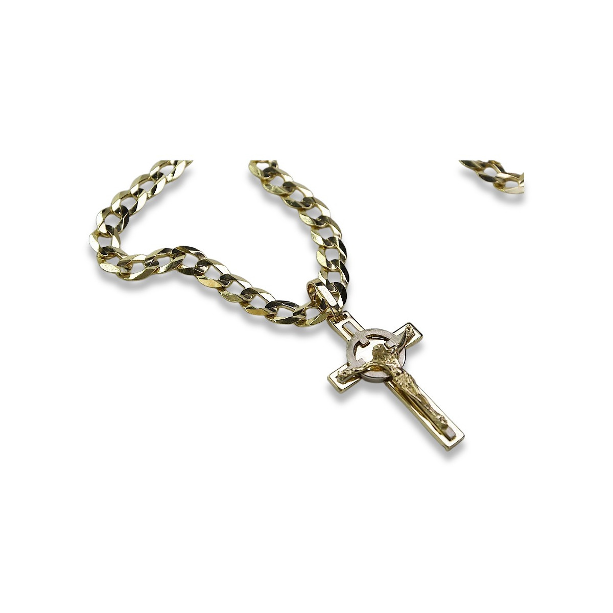 Croix catholique en or jaune 14 carats et chaîne gourmette - Ensemble divin ctc010yw&cc001y