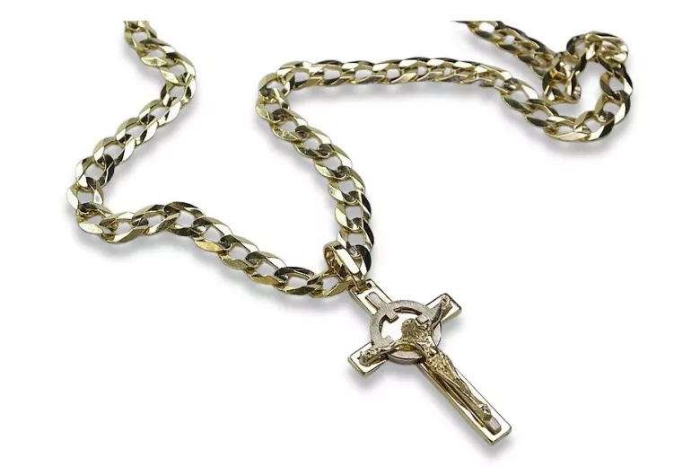 Croix catholique en or jaune 14 carats et chaîne gourmette - Ensemble divin ctc010yw&cc001y