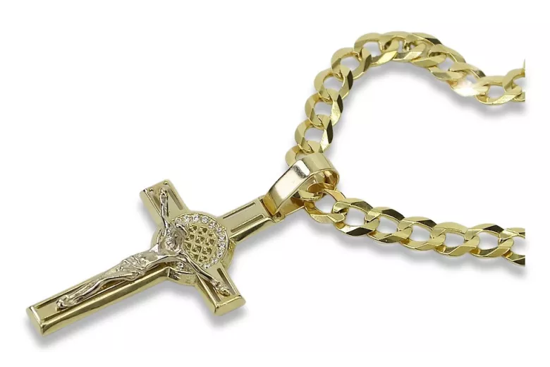Cruce Catolică din aur galben 14k cu lanț Gourmette ctc024yw&cc001y