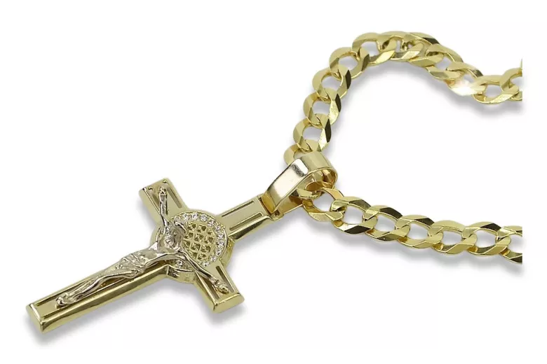 "Divine Yellow 14k Gold Catholic Cross with Gourmette Chain" ctc024yw&cc001y