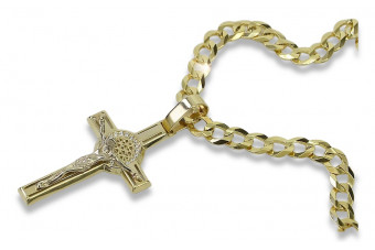 Croix catholique en or jaune 14 carats et chaîne gourmette ctc024yw&cc001y