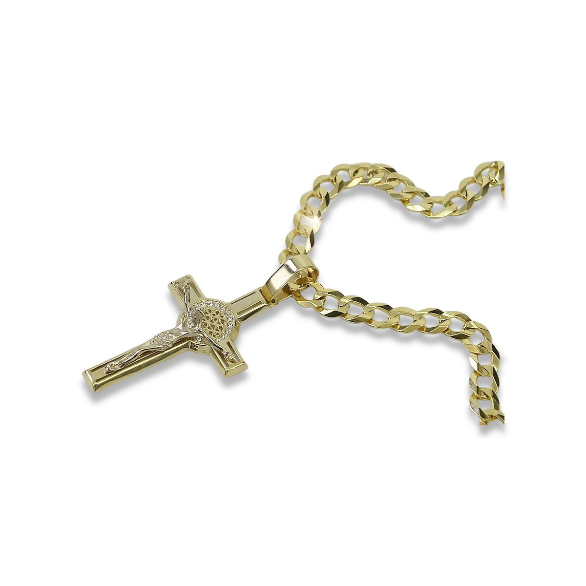 Croix catholique en or jaune 14 carats et chaîne gourmette ctc024yw&cc001y