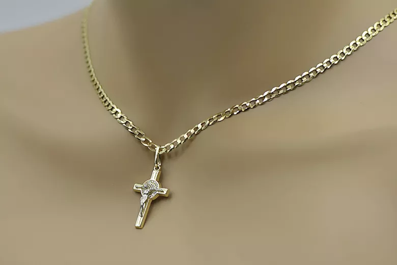 "Divine Yellow 14k Gold Catholic Cross with Gourmette Chain" ctc024yw&cc001y