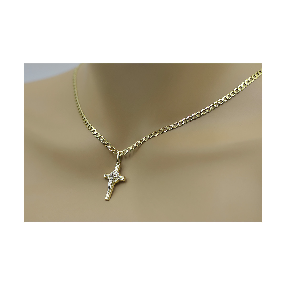 "Divine Yellow 14k Gold Catholic Cross with Gourmette Chain" ctc024yw&cc001y