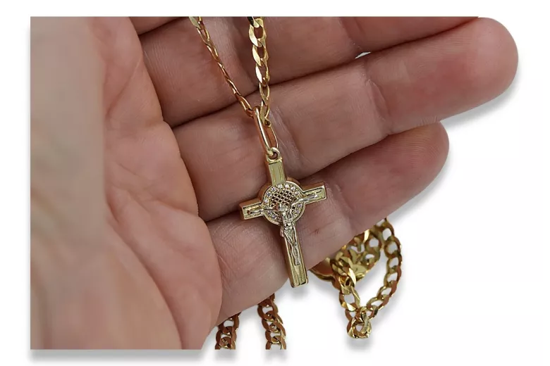 "Divine Yellow 14k Gold Catholic Cross with Gourmette Chain" ctc024yw&cc001y