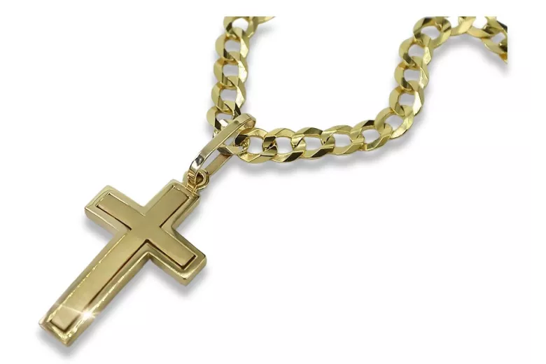 Elegant 14k Gold Catholic Cross Necklace with Gourmette Chain ctc026y&cc001y