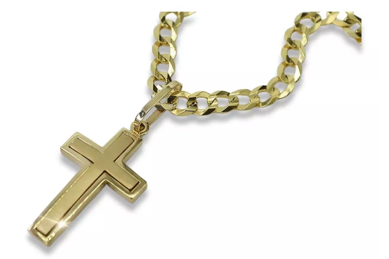 Złoty Krzyż Katolicki z Żółtego 14k Złota i Łańcuch Gourmette ctc026y&cc001y