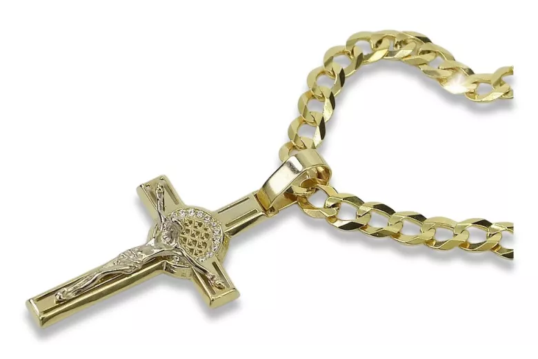 Cruz Católica de Oro Amarillo 14k y Cadena Gourmette - Joyería Italiana ctc027yw&cc001y