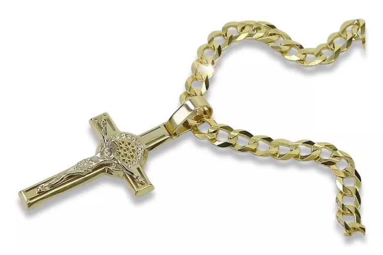 Croix catholique en or jaune 14 carats et chaîne gourmette - Ensemble divin ctc027yw&cc001y