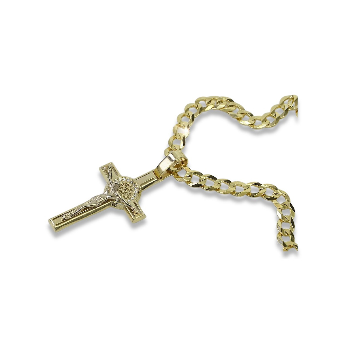 Cruz Católica de Oro Amarillo 14k y Cadena Gourmette - Joyería Italiana ctc027yw&cc001y