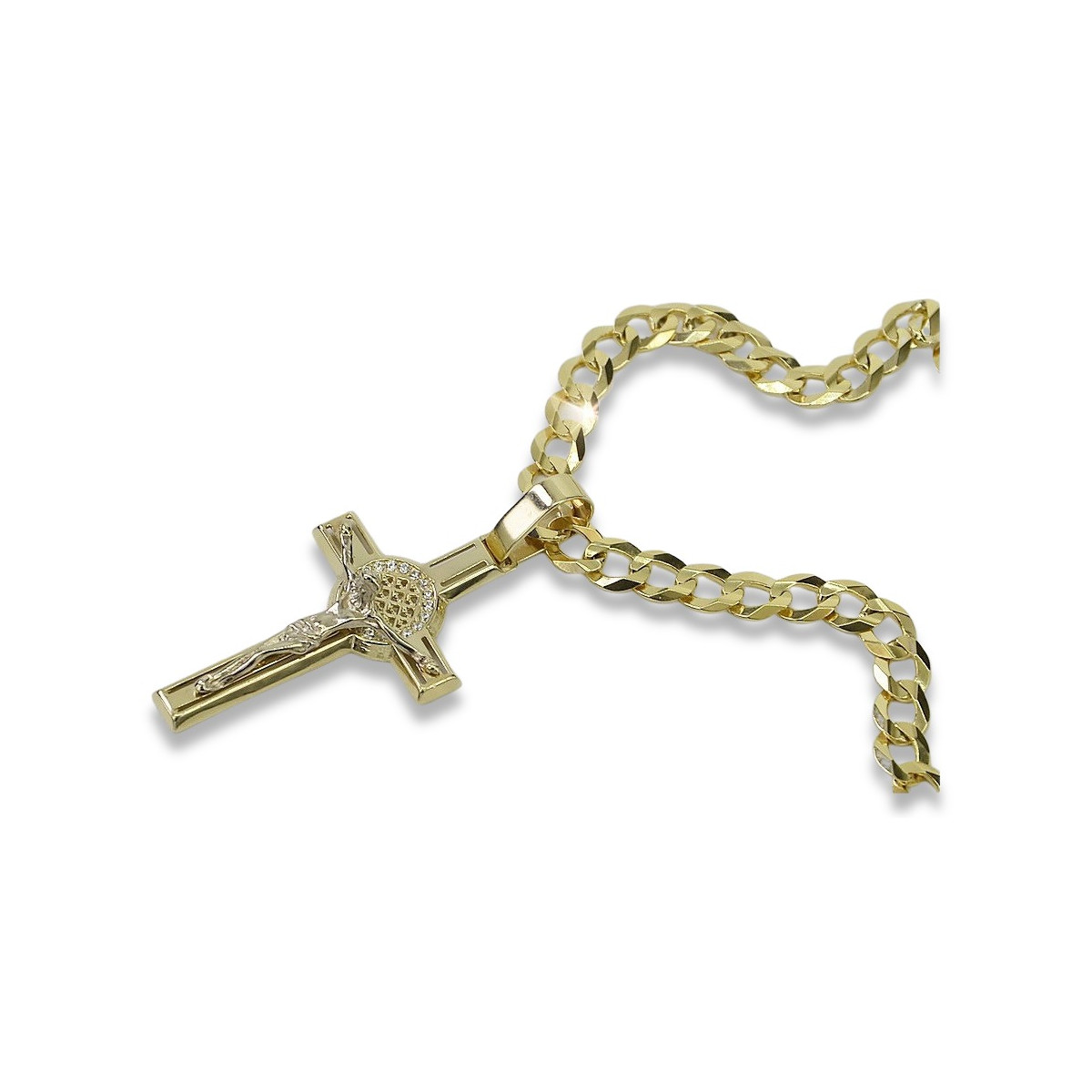 Włoski żółty 14k złoty krzyż katolicki & łańcuch gourmette ctc027yw&cc001y
