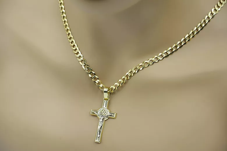 Croix catholique en or jaune 14 carats et chaîne gourmette - Ensemble divin ctc027yw&cc001y