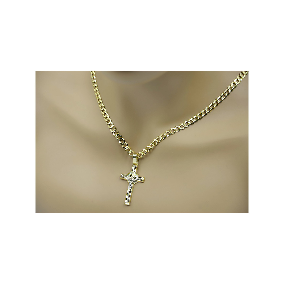 Elegant Italian 14k Gold Catholic Cross Necklace & Chain Set ctc027yw&cc001y