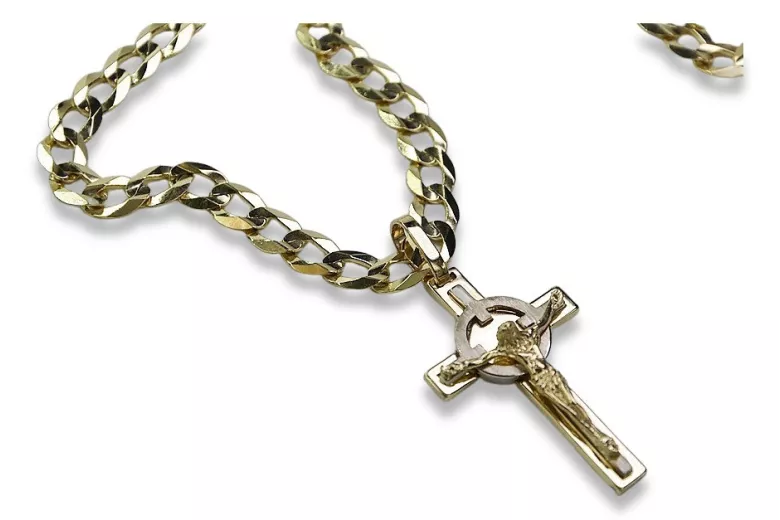 Italienisches Gelbgold katholisches Kreuz & Gourmette-Kette in 14k 585 Gold 