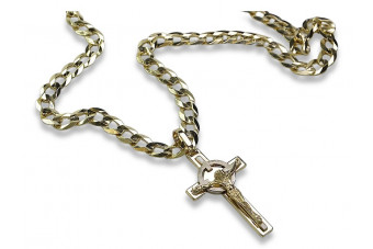 Elegant Italian 14k Gold Catholic Cross Necklace with Gourmette Chain 