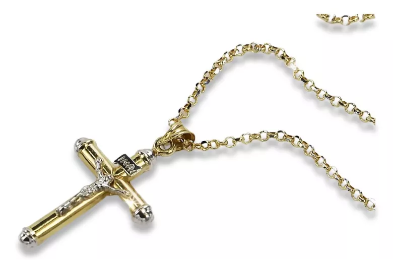 Włoski żółty krzyż katolicki i kotwica z 14-karatowego złota 