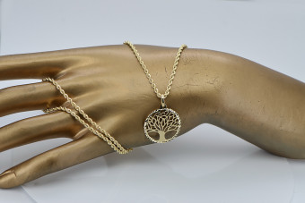 Collier en or 14k 585 avec pendentif Arbre du bonheur et chaîne en corde cpn056y&cc019y