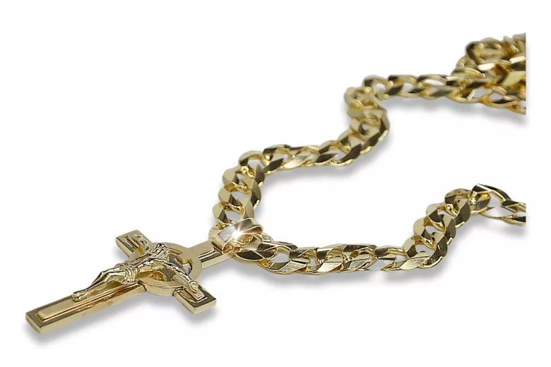 Croix catholique en or jaune 14 carats et chaîne gourmette en français ctc049yw&cc001y