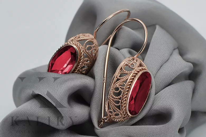 Sterling Silver Rose Gold Plated Ruby Earrings - Vintage Style vec023rp