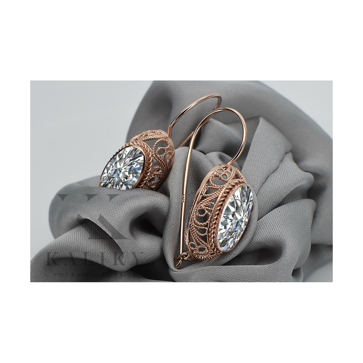 Boucles d'oreilles en argent vintage plaqué or rose, Zirco. vec023rp