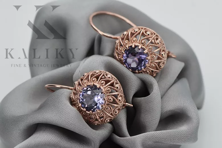 "Boucles d'oreilles en or rose 14 carats avec alexandrite, style vintage russe soviétique vec002" style vec002