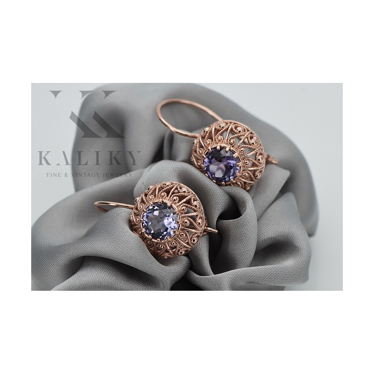 "Boucles d'oreilles en or rose 14 carats avec alexandrite, style vintage russe soviétique vec002" style vec002