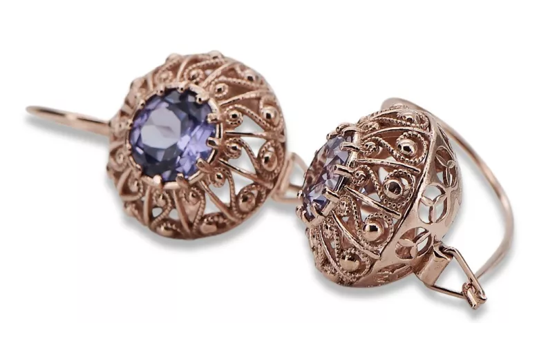 "Boucles d'oreilles en or rose 14 carats avec alexandrite, style vintage russe soviétique vec002" style vec002