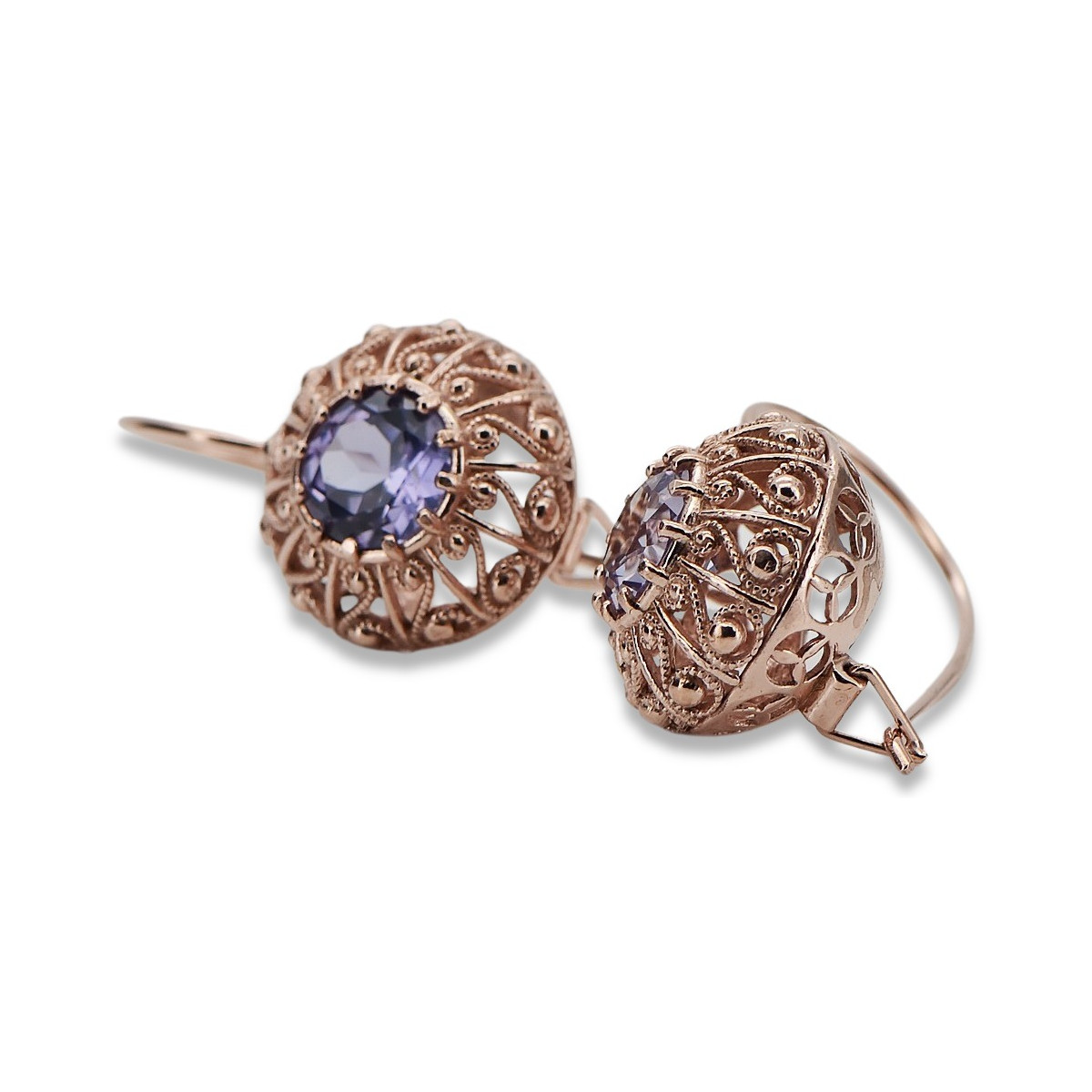 "Boucles d'oreilles en or rose 14 carats avec alexandrite, style vintage russe soviétique vec002" style vec002