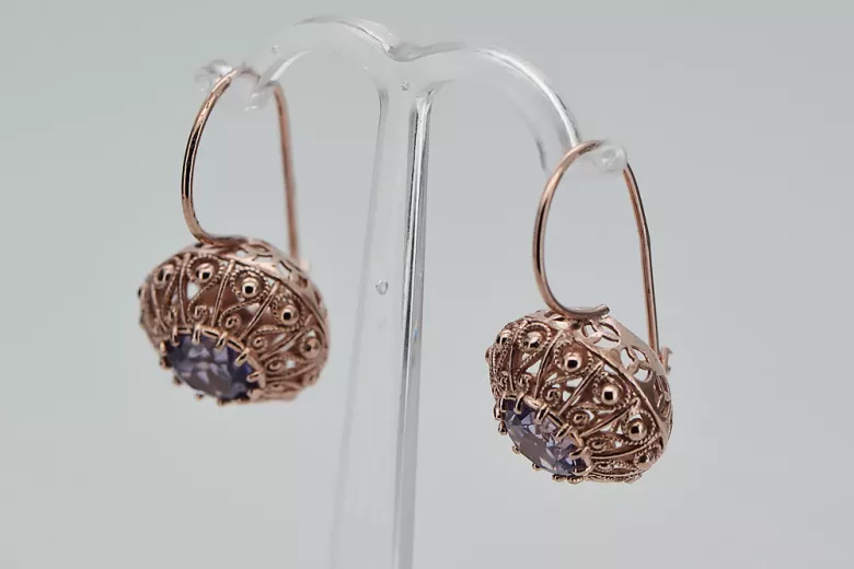 "Boucles d'oreilles en or rose 14 carats avec alexandrite, style vintage russe soviétique vec002" style vec002