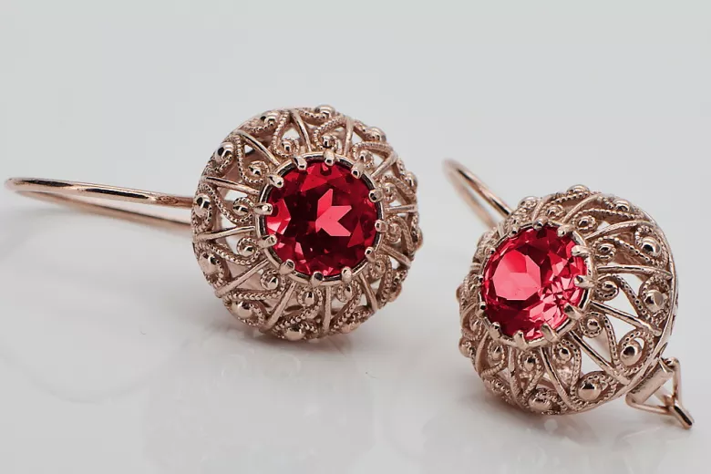 Original Vintage 14K Rose Gold Ruby Earrings Inspired by Russian Soviet Design vec002 vec002