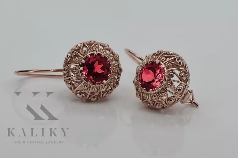 Original Vintage 14K Rose Gold Ruby Earrings Inspired by Russian Soviet Design vec002 vec002