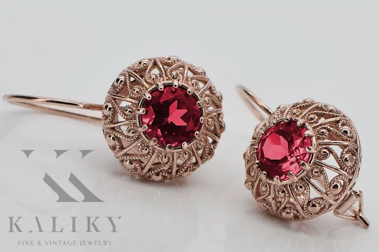 Original Vintage 14K Rose Gold Ruby Earrings Inspired by Russian Soviet Design vec002 vec002